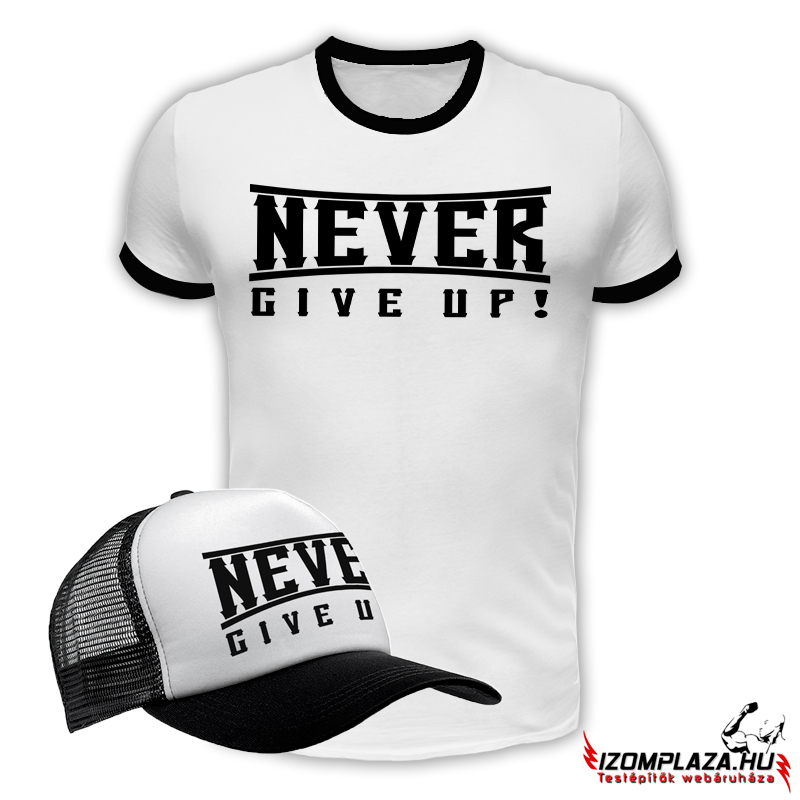 Never give up! póló+baseball sapka fekete-fehér (XL-es méretben rendelhető)