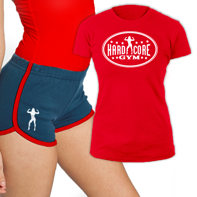 Hardcore gym női póló (piros) + rövidnadrág (navy)