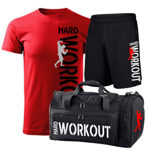 Hard workout póló (piros)+rövidnadrág (fekete)+edzőtáska