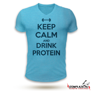 Keep calm and drink protein V-nyakú póló (kék)