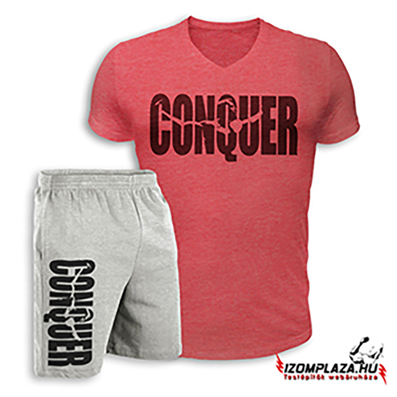Conquer V-nyakú póló+ rövidnadrág (piros-szürke szett)