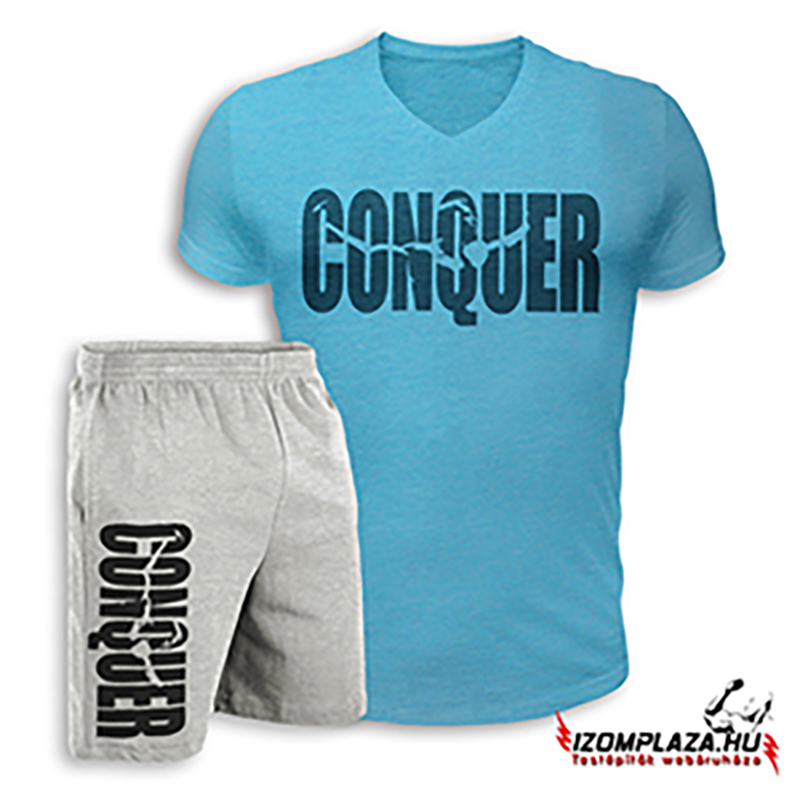 Conquer V-nyakú póló+ rövidnadrág (kék-szürke szett)