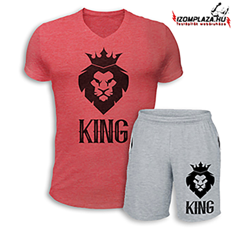 King V-nyakú póló+ rövidnadrág (piros-szürke szett)