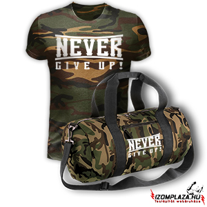 Never Give Up! - terepmintás póló+edzőtáska 