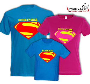 Super Father+ Super Mother+ Super Boy (férfi+gyerek kék póló, női pink póló)