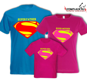 Super Father+ Super Mother+ Super Girl (férfi kék póló, női+gyerek pink póló)